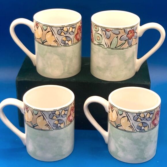 4 Corelle Coordinates Watercolors Ceramic Coffee Mugs lot of 4 green EUC - Picture 4 of 5